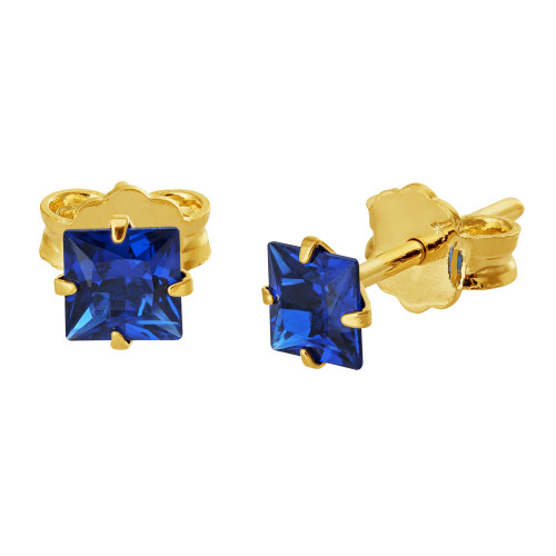 Brinco de Prata Solitário Zircônia Azul Carré Revestido com Ouro 18k 4mm