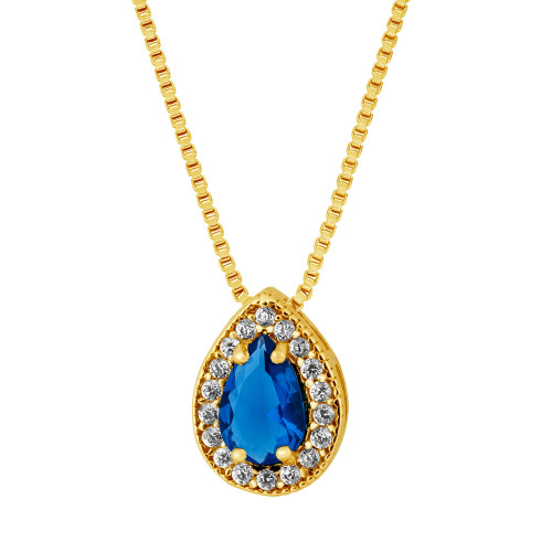 Colar de Prata Gota com Zircônia Azul Revestido com Ouro 18k 45cm