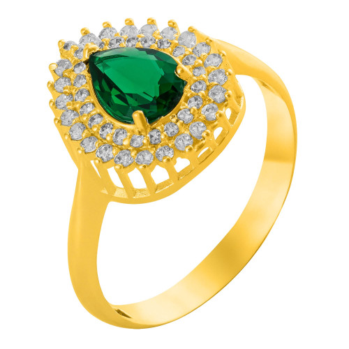 Anel de Prata Queens Cristal Esmeralda Gota Revestido com Ouro 18k