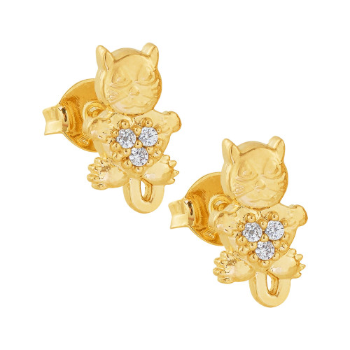Brinco de Prata Gato Revestido com ouro 18k com Zircônia Branca 11x6mm