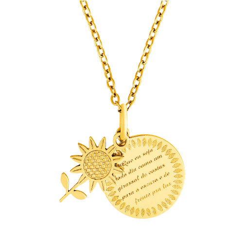 Colar de Aço Coleção For Me Girassol com linda Mensagem Gold IPG 18mm 50cm