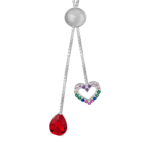 Colar de Prata Gravatinha Italiana gota Vermelha e zircônias coloridas 8x8 70cm ajustável