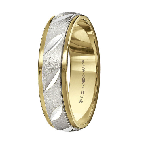 Aliança de Ouro 18K Romance Bicolor Giratória Jateada com Diamantados Diagonais 5mm