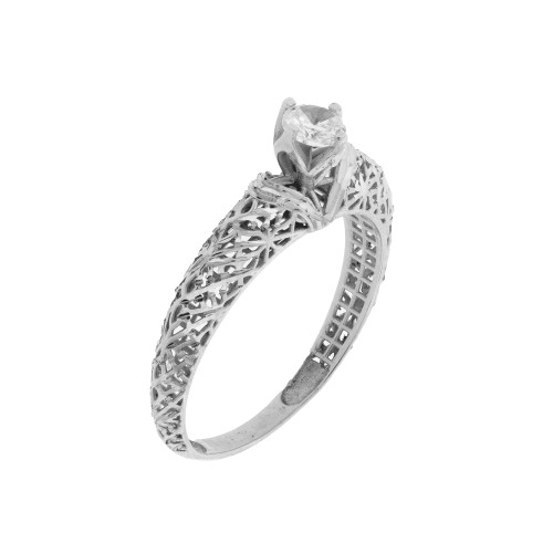 Anel de Prata  Solitário Filigrana com Zircônia Branca 4mm